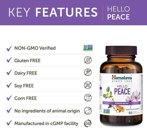Himalaya Hello Peace Daily Stress Relief Herbal Supplement, Ashwagandha, Turmeric, Saffron, 60 Capsules