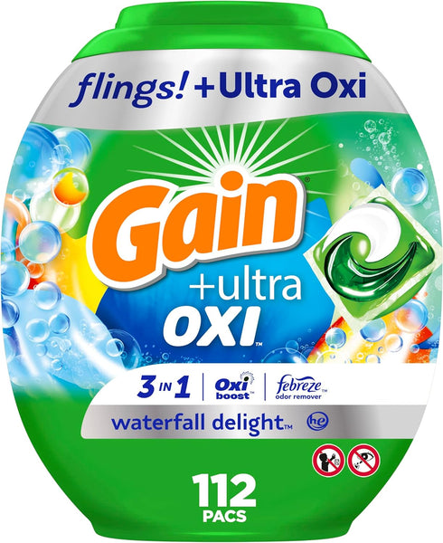 Gain flings Ultra Oxi Laundry Detergent Pacs - 112 Count, Waterfall Delight Scent, 3-in-1, HE Compatible