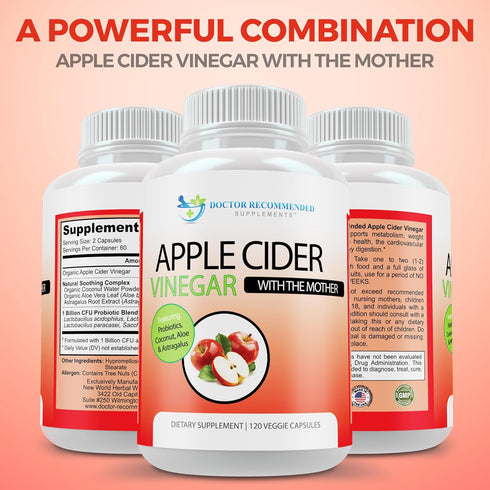 Apple Cider Vinegar Capsules - 120 Veggie Capsules, Organic ACV Supplement with Probiotics