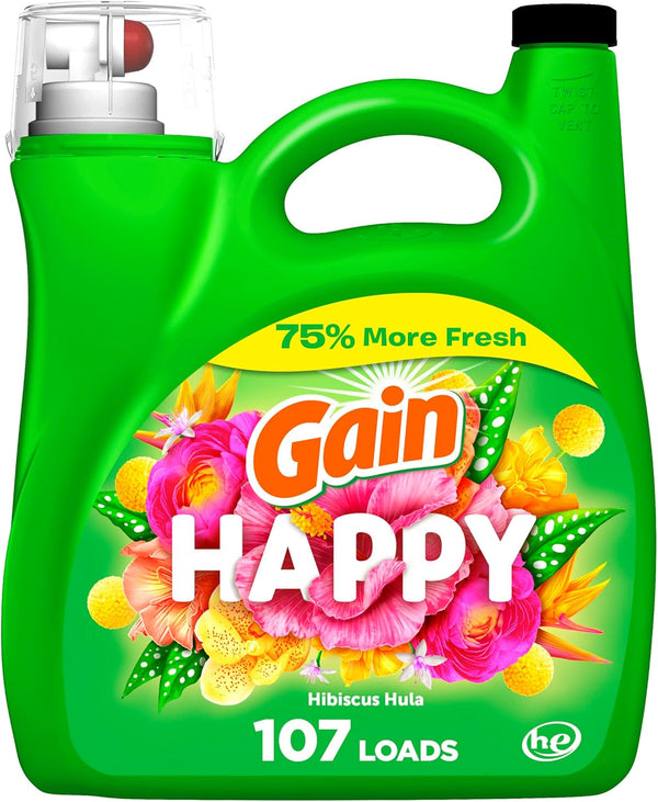 Gain Liquid Laundry Detergent, Happy, HE Compatible, 154 fl oz, 107 Loads