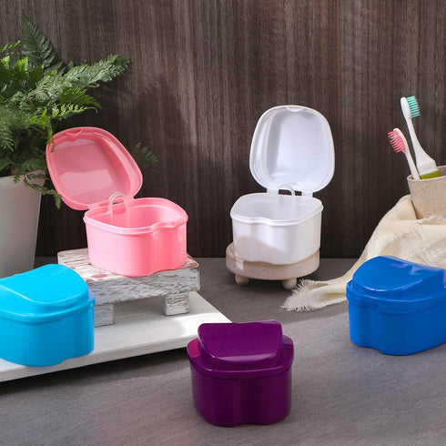 Zubebe 20 Pcs Denture Bath, Bulk Denture Holder with Strainer Basket, Dental Cup for Travel Cleaning, 5 Colors