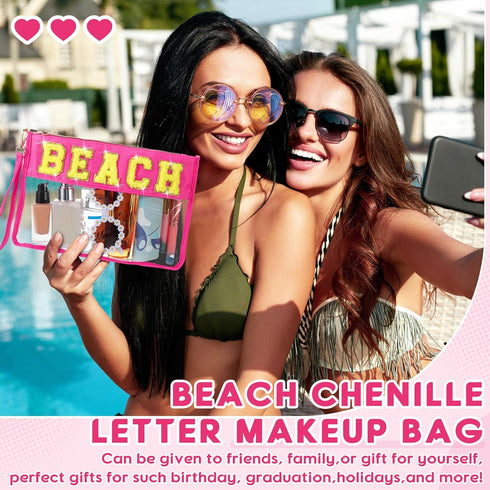 Hillban 2 Pcs Beach Makeup Bag - Clear Cosmetic Toiletry Pouch with Chenille Letter Patch for Summer Travel