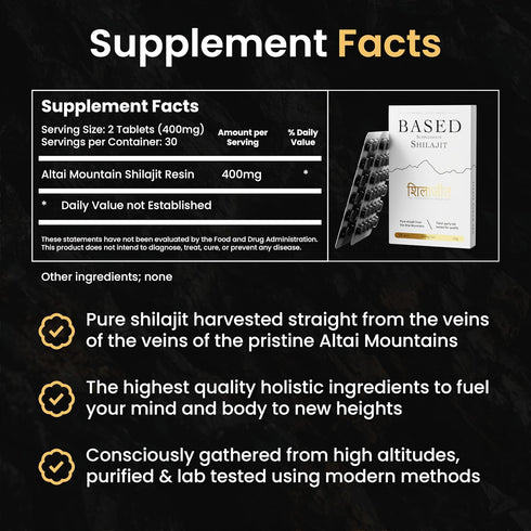 Based Shilajit | Pure Shilajit Tablets with Max Potency for Energy & Immune Support for Men and Women | 60 Tablets