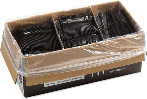 1000 Count Black Silverware Set, 334 Plastic Forks, 333 Plastic Spoons, 333 Plastic Knives, Medium Weight BPA Free Disposable Plastic Cutlery Set, Bulk Combo Pack Flatware Set for Party Supplies by Munfix