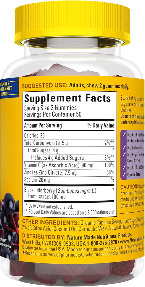 Nature Made Elderberry with Vitamin C and Zinc - Dietary Supplement for Immune Support, 100 Gummies, 50 Day Supply