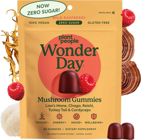 Plant People WonderDay Mushroom Gummies - Lions Mane, Cordyceps, Chaga Mushroom Supplement