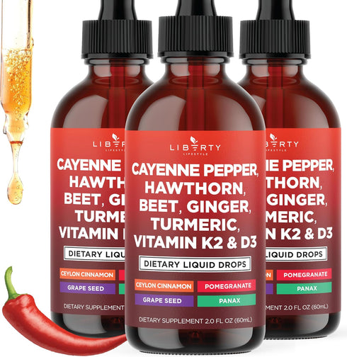 Liberty Lifestyle Cayenne Pepper Supplement Liquid Drops + Hawthorn Berry, Vitamin D3 K2 Beet