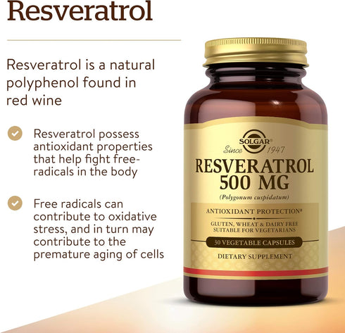 Solgar Resveratrol 500 mg, 30 Vegetable Capsules, Antioxidant Protection