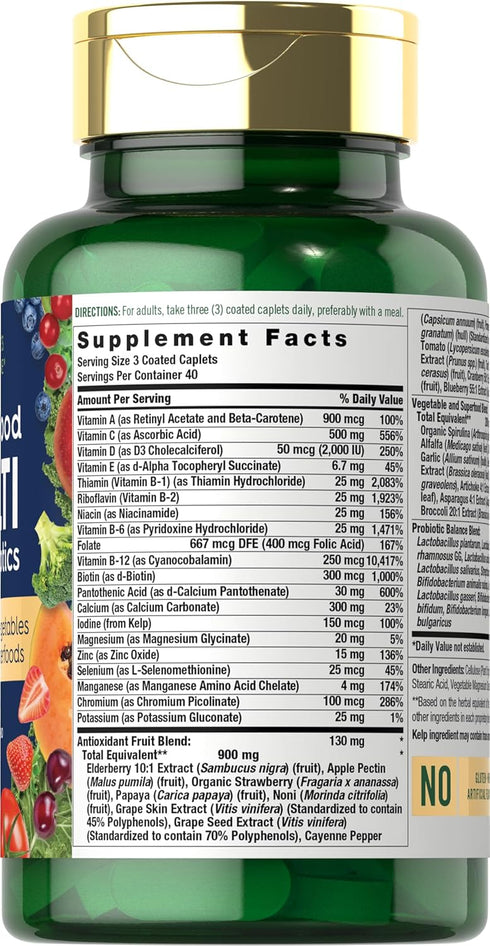 Nature's Fortune 120 20 Whole Food Multivitamin with Probiotics | Coated Caplets | Made with Fruits and Vegetables |
