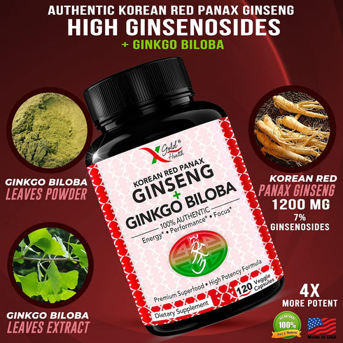 Korean Red Panax Ginseng 1200mg + Ginkgo Biloba, 120 Vegan Capsules - Extra Strength Root Extract Supplement for