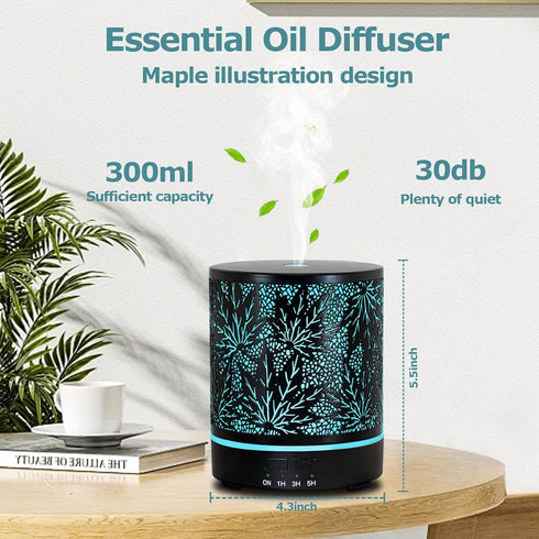 Office,300ML Essential Oil Diffuser Metal Aromatherapy Oil Diffusers for Large Room,Maple Leaf Pattern Ultrasonic Cool