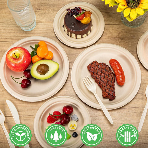 250 PCS Compostable Paper Plates Set, Sugarcane Utensils, Disposable Dinnerware Set, Eco Friendly Plates for Party
