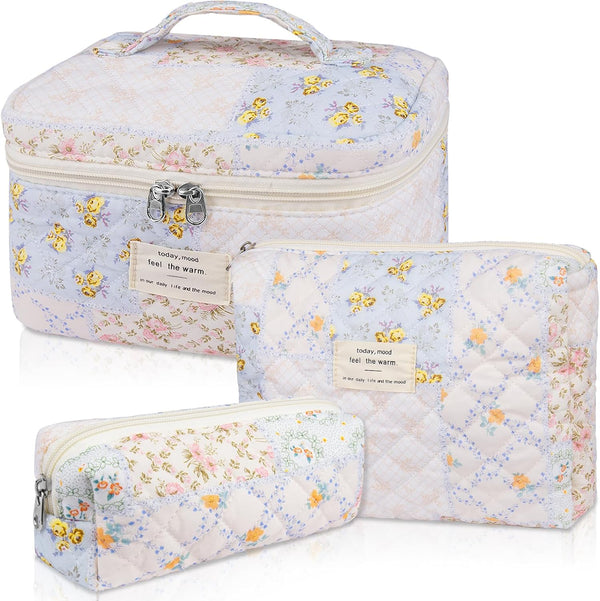 Makeup Bag Set, Quilted Large Floral Cosmetic Bag for Women, Cute Cotton Travel Toiletry Organizer Bag