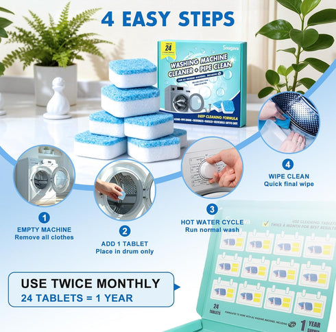 SNUGAVA 24 Pack 1 Washing Machine Cleaner Tablets and Deodorizer: Laundry Machine Tub Descaler Cleaner, Deep Cleaning