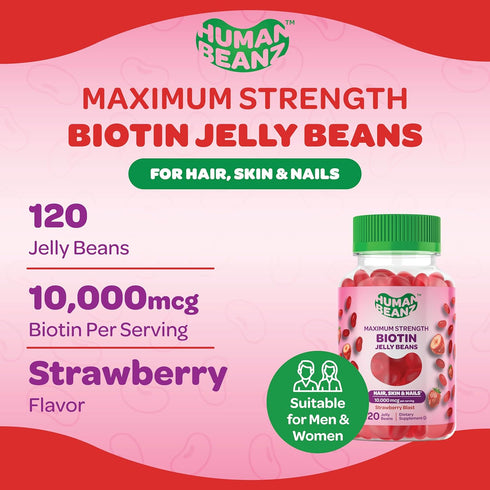 Biotin Jelly Bean Gummy Vitamins, Max Strength Biotin for Hair, Skin and Nails, 10000mcg per Serving, Hair Growth Vitamins for Men and Women, 120 Strawberry Blast Jelly Beans, Kosher