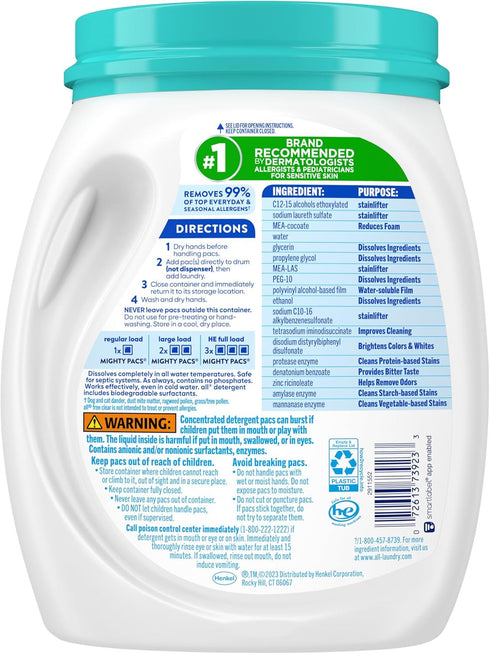 All Mighty Pacs Laundry Detergent, Free Clear Odor Relief, Tub, 56 Count