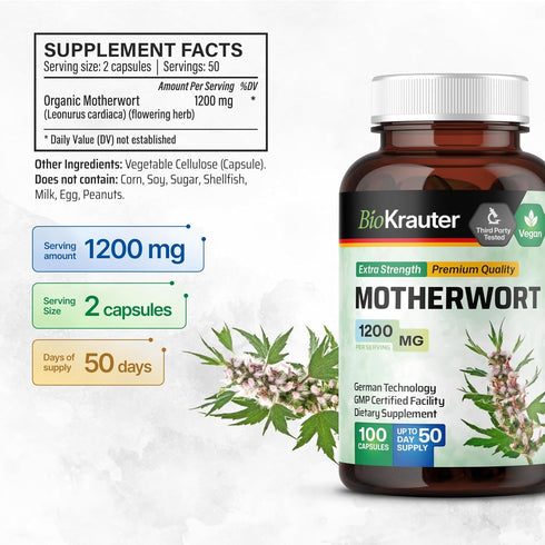 BIO KRAUTER Motherwort Capsules 1200 mg - 100 Count, Women’s Support Herb Supplement for Relaxation