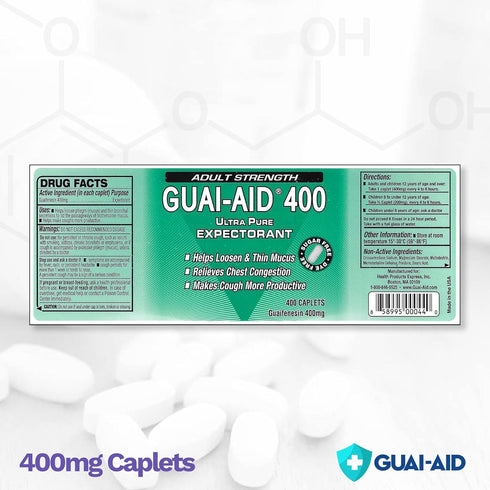 400mg Guaifenesin Mucus Relief, Dye-Free Fast Acting (Bottle of 400 caplets)