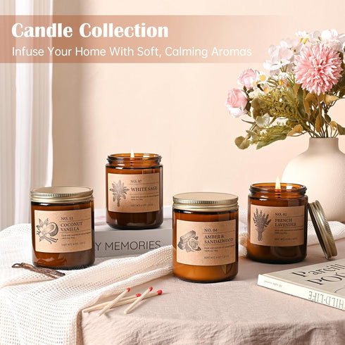 Set 4, 9oz 4 Soy Candles of Natural Soy Wax Aromatherapy Candles, Home Scented Candles with Scents (Lavender, Amber