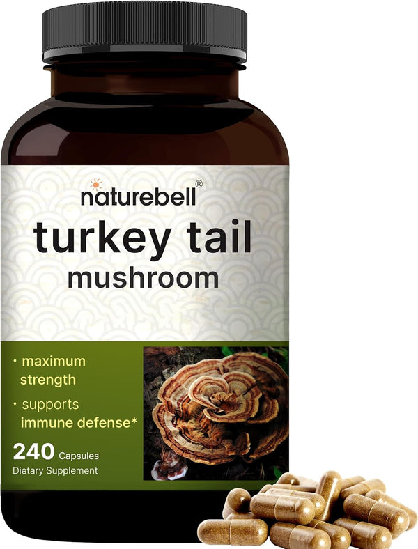 NatureBell Turkey Tail Mushroom Capsules 15,000mg, 240 Count | 25:1 Fruiting Body & Mycelium Extract Supplement