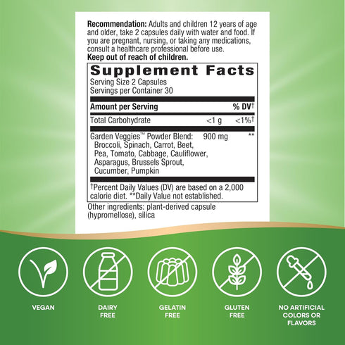 Nature's Way 900 2-Capsule 60 (Packaging Garden Veggies, Veggie Powder Blend, mg per Serving, Vegan Capsules May Vary)
