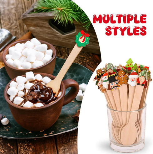 RunNico 40 5.6'' 20 Pcs Christmas Hot Chocolate Wooden Spoons, Christmas Disposable Stirring Spoons with Styles Top