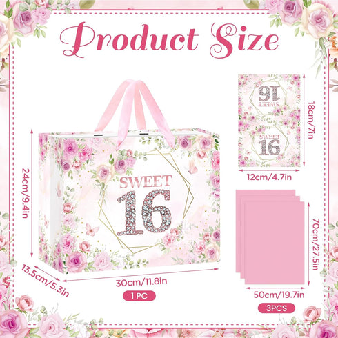 Yoirrat 16 3 16th Sweet Gift Bag with Wrapping Tissue Paper & Greeting Card Large Pink Rose Gold Floral Happy Birthday