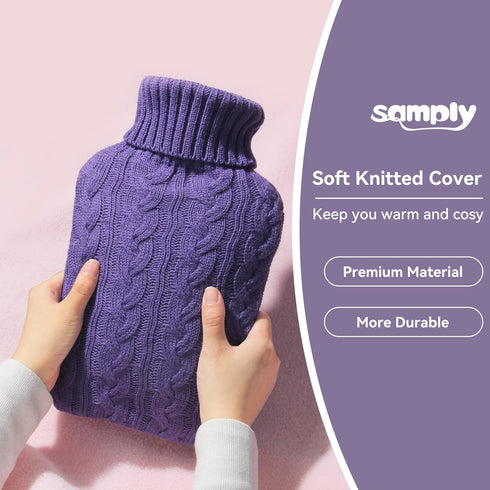 samply Hot Water Bottle with Knitted Cover, 2L for Hot and Cold Compress, Ideal for Menstrual Cramps, Purple