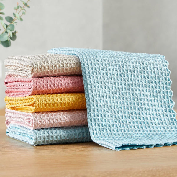 JOYMOOP Microfiber Cleaning Cloth, Reusable Absorbent Kitchen Dish Cloth, Waffle Weave 5 Pack, Mixed Color