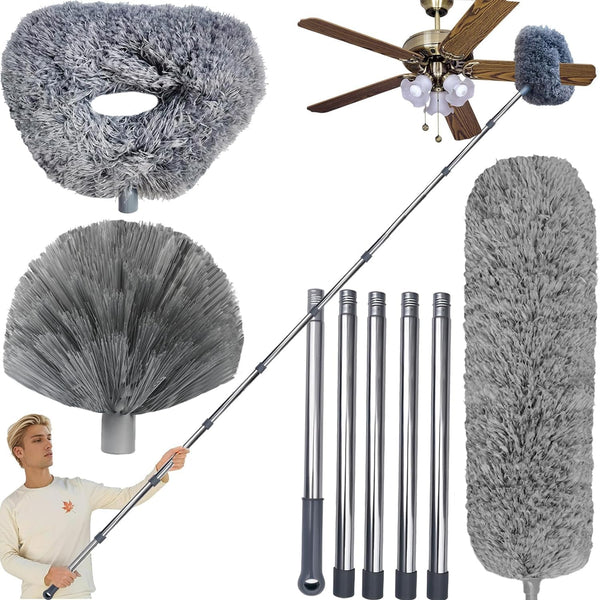 3 Pack 20+ Feet High Reach Grey Microfiber Feather Duster with 3-14 ft Spliceable Pole for Cleaning Fans, High