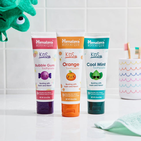 Pack 4 oz (Pack 3) Himalaya Botanique Kids Toothpaste with Xylitol, Variety of Bubble Gum, Orange & Cool Mint