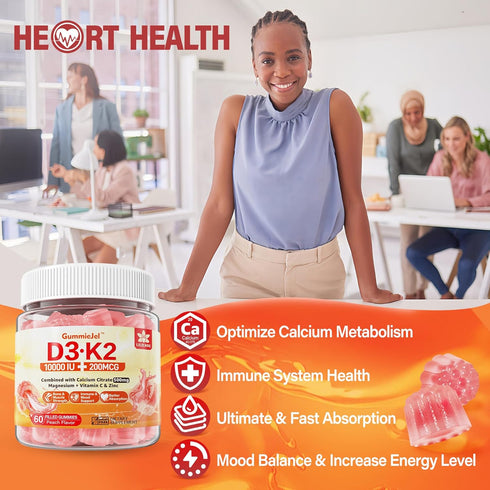 Sugar-Free Vitamin D3 K2 Filled Gummies, 5000IU / 10,000 IU with Calcium, Magnesium Citrate, Vitamin C, Vegan