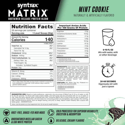 Syntrax Nutrition Matrix Protein Powder - Sustained-Release Protein Blend with Real Cookie Pieces, Mint Cookie, 2 lbs