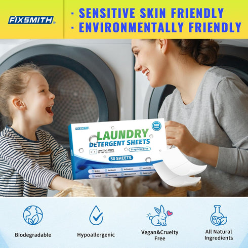 FIXSMITH Laundry Detergent Sheets - 100 Loads (50 Sheets) Fragrance Free, Hypoallergenic, Eco-Friendly Travel Detergent
