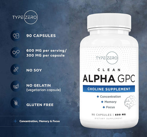 Type Zero Ultra Clean Alpha GPC Choline Supplement (90 Capsules | 600mg) Non-GMO, Soy Free Nootropics for Brain Focus