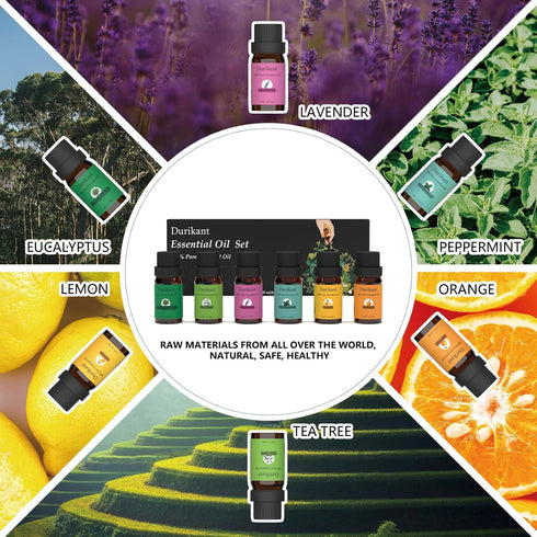 Set 100% 6-Pack 0.33 Oz Essential Oil - Pure Natural, (Tea Tree, Eucalyptus, Lavender, Orange, Peppermint, Lemon Oils)