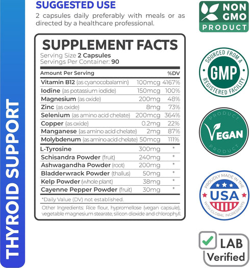 Thyroid Support Supplement with Iodine - 180 Capsules (Non-GMO) for Energy - Ashwagandha Root, Zinc, Selenium, Vitamin