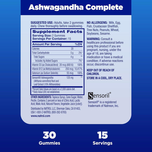 Natrol Ashwagandha Complete, 3-in-1 Daily Stress Support Gummies, 30 Strawberry Zen-Flavored Gummies