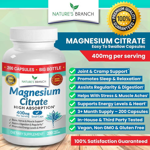 Magnesium Citrate 400mg, 200 Capsules, High Potency for Sleep and Leg Cramps, Vegan Supplement