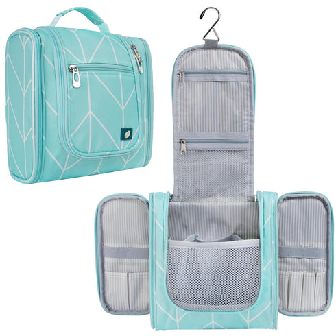 PAVILIA Toiletry Bag - Travel Bag for Women Men, Hanging Cosmetic Organizer, Water Resistant Makeup Bag, Teal Chevron