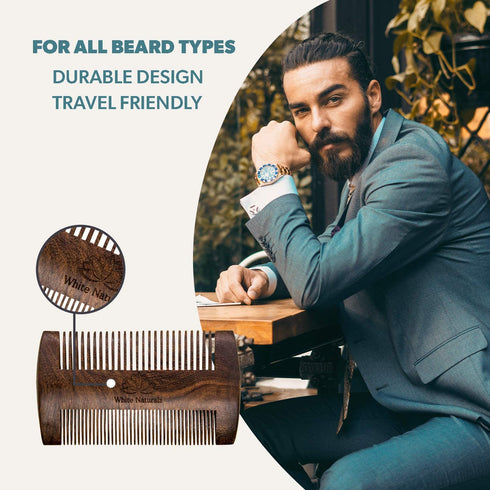 White Naturals Beard Comb for Men - Wooden Natural Sandalwood, Fine Dual Action Teeth, Includes PU Leather Case