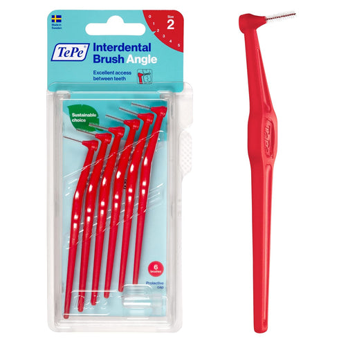 TEPE Interdental Brush Angle, Pack of 6, 0.5 mm, Extra-Small/Small Gaps, Red, Size 2