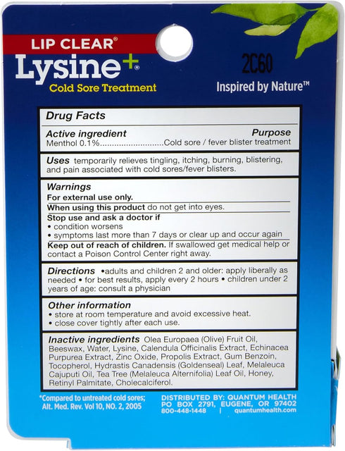Quantum Health Lip Clear Lysine+ Cold Sore Treatment - L-Lysine Menthol Calendula & Propolis Ointment, 0.25 Oz