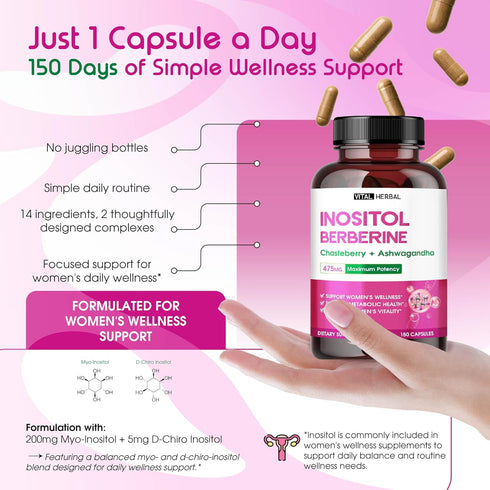 VITAL HERBAL 150 Liposomal Inositol with Berberine, Chasteberry & Ashwagandha Supports Womens Wellness, Hormone Balance