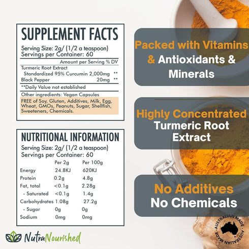Pure Organic 95% Curcumin Powder - 1500mg Turmeric Extract with Black Pepper - Natural Wellness Support, 120g
