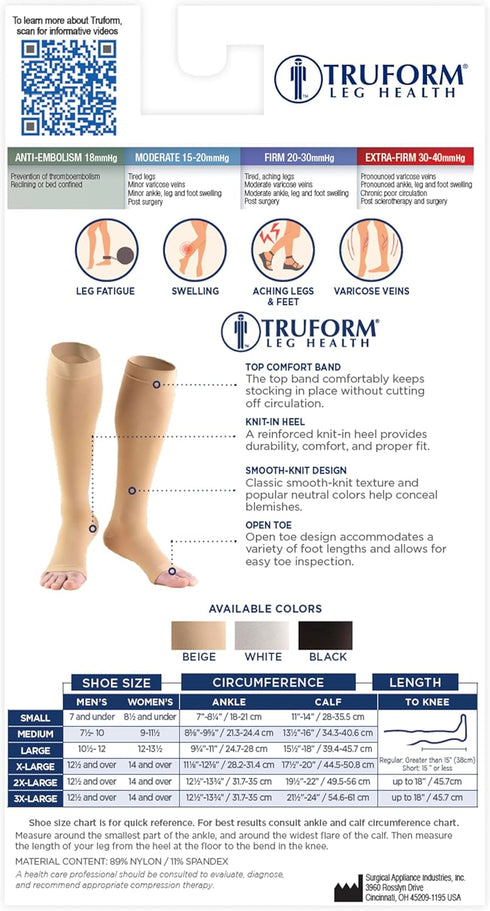 Truform Surgical Stockings, 18 mmHg Compression, Knee High, Open Toe, White, Medium