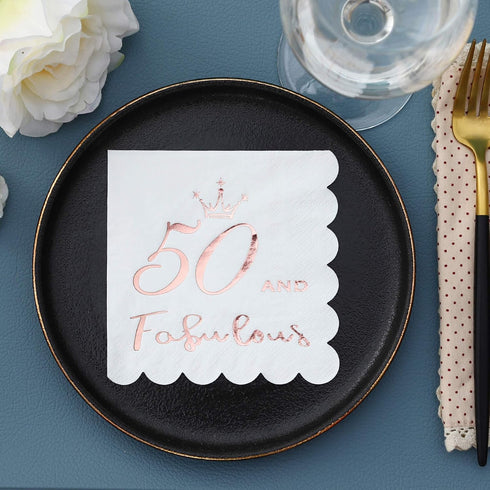 50 and Fabulous Cocktail Napkins - Rose Gold, 50th Birthday Decorations for Women, Folded 5x5 Inches Disposable Party