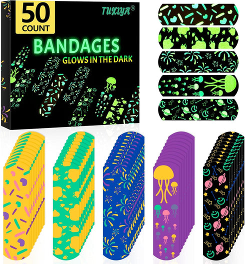 TUXIYA 50 Count Kids Bandaids, Glow in The Dark & Waterproof Bandages, One