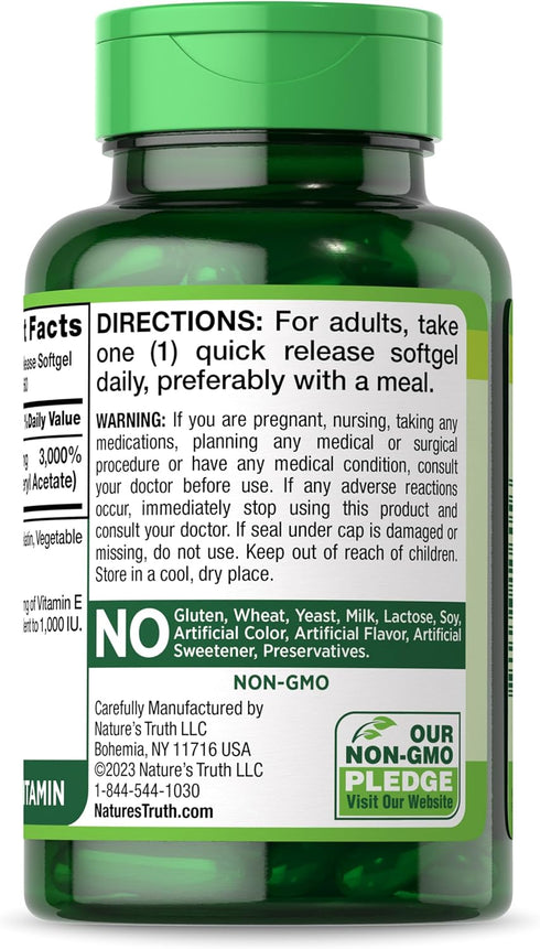 Nature's Truth Vitamin E Softgels, 1000 IU, 60 Count, Non-GMO & Gluten Free Supplement