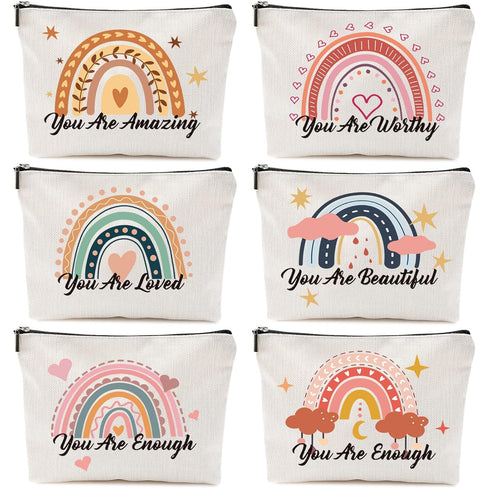 Chengu 6 Pcs Big Canvas Rainbow Heart Cosmetic Bags, Inspirational Gifts for Women, Sweet